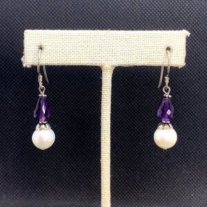 Freshwater Pearl & Amethyst Dangle Earrings 925 Sterling Silver 1.5" Long